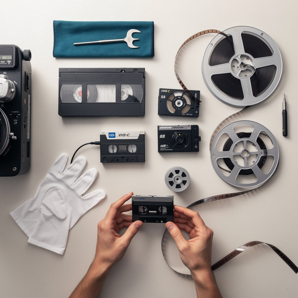 Touchdown professional video format guide showing VHS, 8mm film, and MiniDV tape examples for digitization