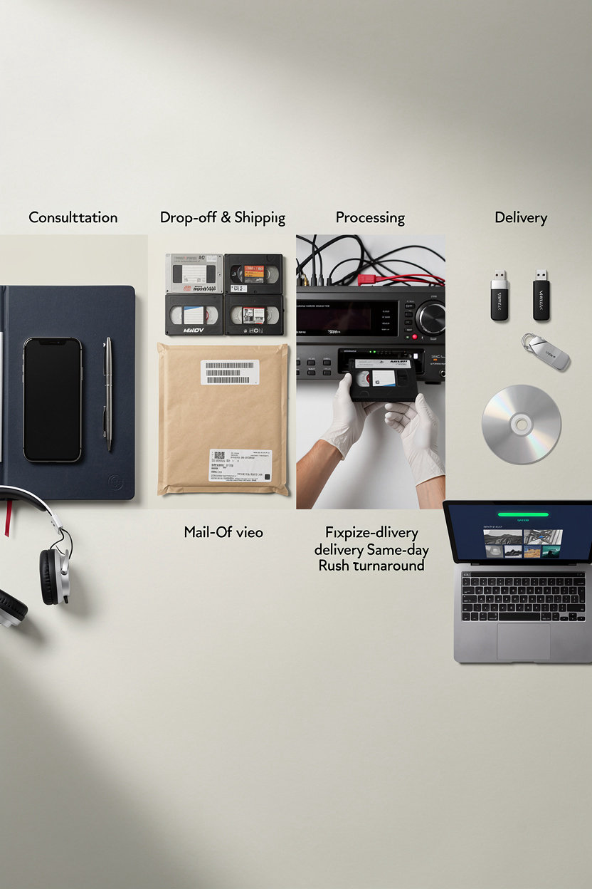 Touchdown professional video transfer process showing equipment and digitization workflow